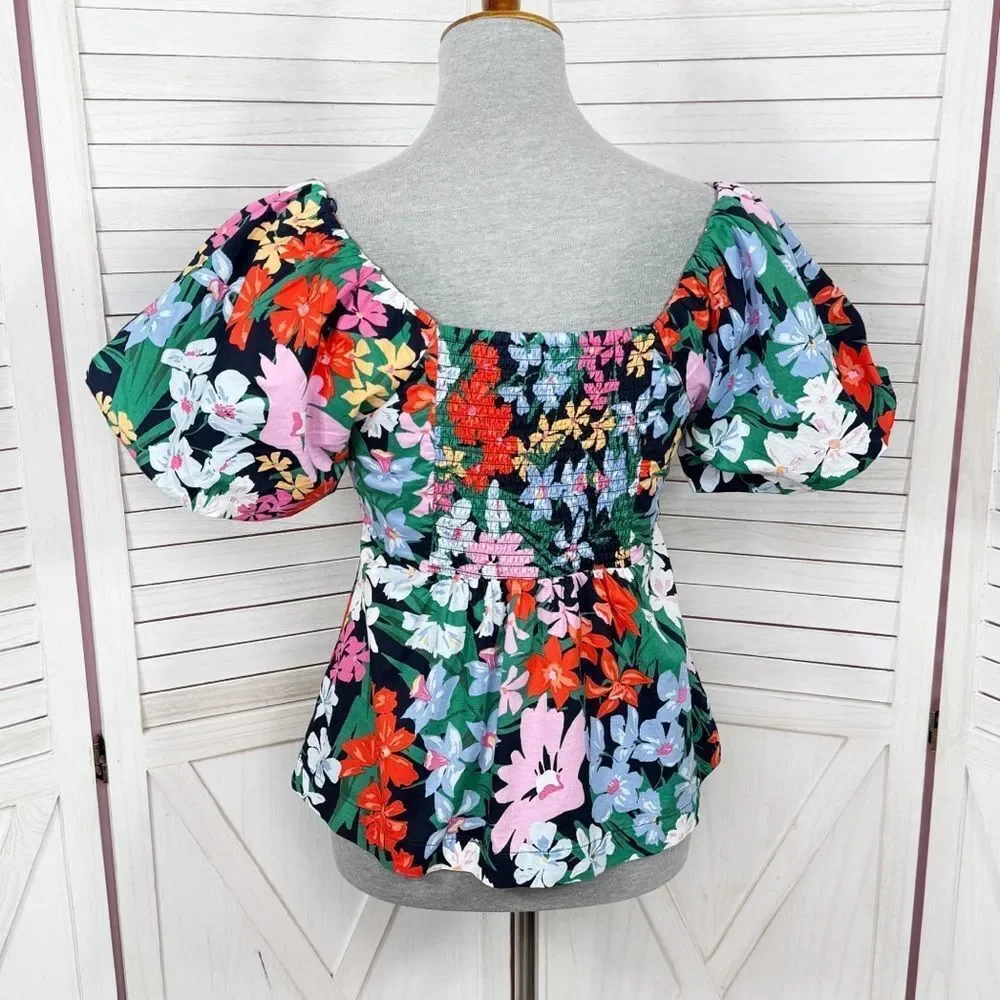 Old Navy Floral Puff Sleeve Peplum Flared Hem V‎ Neck Top Shirt Blue Multi Small